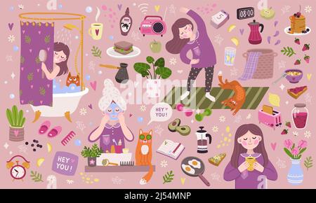 Große morgendliche Routine eingestellt Stock Vektor