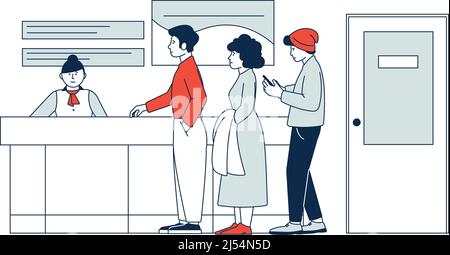 Leute warten Schlange an der Rezeption. Büroausstattung Stock Vektor