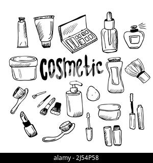 Doodle Kosmetikpackungen Set. Frau Schönheit Produkte Skizze Kollektion. Creme, Lotion, Shampoo, Lippenstift, Augenlashflaschen und Bürsten. Stock Vektor