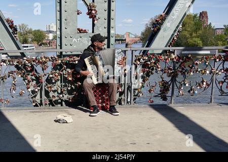 Straßenmusiker spielt die Ziehharmonika auf der Eiserner Steg-Brücke in Frankfurt. Stockfoto