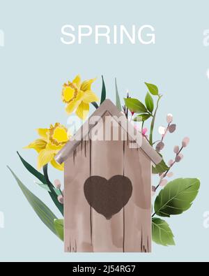 Aquarell Vogelhaus Illustration Hand gezeichnet isoliert auf einem weißen Hintergrund. Frühlingsvogelhaus mit Ästen und Blumen Stockfoto