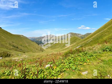 Wunderschönes, wildes Bergtal mit vulkanischen Bergen unter blauem Himmel im Sommer Stockfoto