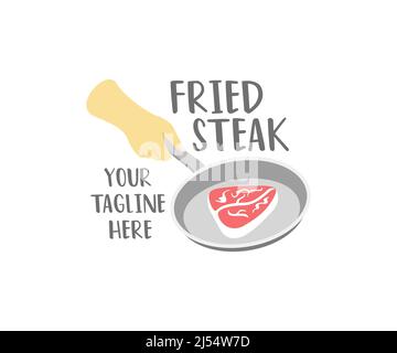 Mann Koch hält eine Pfanne mit Steak, Logo-Design. Essen, Essen, Fleisch, Restaurant, Catering und Kantine, vektordesign und Illustration Stock Vektor
