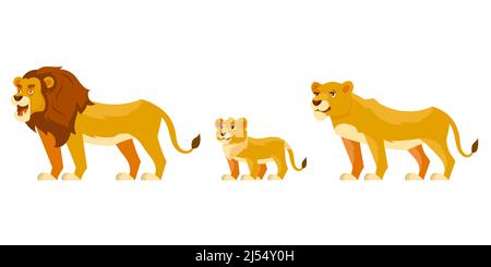 Lion Familie drei Viertel Blick. Afrikanische Tiere im Cartoon-Stil. Stock Vektor