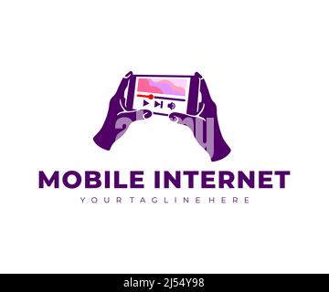 Mobiles Internet, Smartphone halten und Video ansehen, Logo-Design. Nahaufnahme der Hände mit Smartphone, Telefon, digitalem Gerät und Technologie Stock Vektor