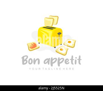 Toaster und Toast, Brot, Eier und Marmelade, Logo-Design. Essen, Essen, Frühstück, Kantine und Catering, Vektorgrafik und Illustration Stock Vektor