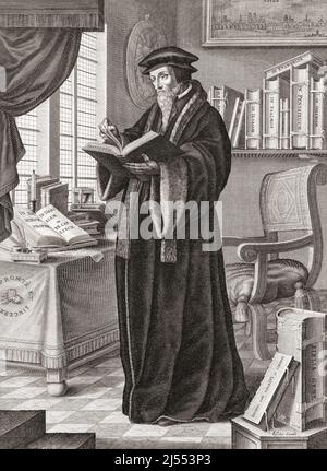 John Calvin, geboren Jehan Cauvin, 1509–1564. Französischer Theologe, Pastor und Reformator in Genf während der Reformation. Nach einer Arbeit von François Stuerhelt. Stockfoto