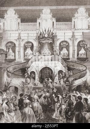 Ein Ball, der von der Stadt Paris, Frankreich zu Ehren von Victor, Prinz Napoléon und seiner Frau Prinzessin Clémentine von Belgien, am 14. Februar 1859 gegeben wurde. Victor, Prinz Napoléon, Titel 3. Prinz von Montfort, aka Napoléon V, 1862 – 1926. Bonapartist prätender französischer Thron. Clémentine von Belgien, 1872 - 1955. Kaiserin Gemahlin der Franzosen. Aus L'Univers Illustre, Paris, 1859 Stockfoto