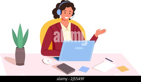 Callcenter-Bedienerin. Sprechtelefon des Consultants mit Laptop, Vektorgrafik isoliert auf weißem Hintergrund Stock Vektor