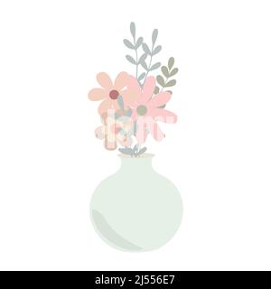 Bohemian Vase mit fancy hellorange Blumen in einfachen flachen Stil abstrakt Vektor pastellfarben Illustration, trendige minimalistische gemütliche Wohnkultur Konzept, romantische Grußkarte, Einladung Stock Vektor