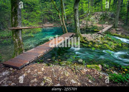 Szene aus Ochiul Beiului, einem kleinen smaragdgrünen See, der beim Trekking im Nationalpark Nera Gorges-Beusnita gefunden wurde. Foto aufgenommen am 17.. April 2022, nea Stockfoto