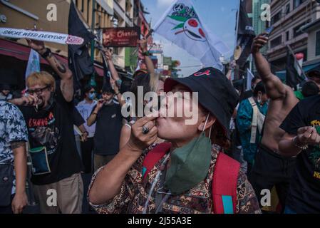 Bangkok, Thailand, 20/04/2022, Eine Frau raucht während der Demonstration auf der Khao San Straße einen Joint. Thailändische Aktivisten marschierten vom Demokratie-Denkmal zur Khaosan Road, um den Welt-Cannabis-Tag zu feiern und den Freizeitkonsum von Marihuana in Thailand zu fördern. Die thailändischen Behörden haben einen Plan, Cannabis und Hanf von der Betäubungsmittelliste des Landes zu entfernen, ein historischer Schritt, der Jahrzehnte des Verbots beendete, Die Möglichkeit, die Pflanze für den Eigenkonsum anzubauen, die seit dem 09. Juni 2022 in der traditionellen Medizin und Küche verwendet wird, aber weiterhin für den Freizeitkonsum verboten ist. Stockfoto