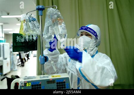 (220420) -- SHANGHAI, 20. April 2022 (Xinhua) -- Ein medizinisches Personal gibt Patienten in der Notaufnahme des Minhang Krankenhauses, das der Fudan Universität in Shanghai, Ostchina, angeschlossen ist, eine Infusion, 20. April 2022. Um die Aufgabe der Behandlung von schwer erkrankten Patienten während des jüngsten COVID-19-Ausbruchs in Shanghai besser bewältigen zu können, hat das Minhang-Krankenhaus, das der Fudan-Universität angeschlossen ist, sein Notfallteam mit 31 Ärzten und mehr als 100 Krankenschwestern neu organisiert.Sun Keyu, der leiter der Notaufnahme, der über mehr als 20 Jahre Erfahrung in der Notfallbehandlung verfügt, führt das Team an ihren Positionen fest Stockfoto