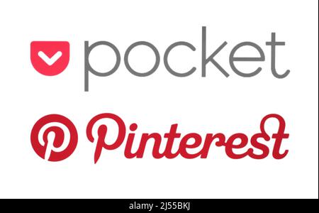 Kiew, Ukraine - 08. Februar 2022: Pocket- und Pinterest-Logos, gedruckt auf Papier. Pocket ist ein Pinterest alernative zu helfen, speichern Sie alle diese Artikel, rec Stockfoto