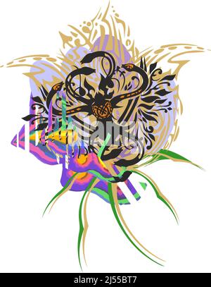 Zierblumen und Schlangen auf weißem Hintergrund für Textilien oder Drucke auf T-Shirts. Tribal Bluebell für Schildsymbole, Poster, Tapeten, Mode Stockfoto