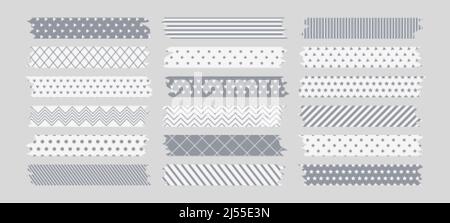 Klebrige Washi-Bänder mit abgerissenen Kanten. Kollektion von weißen und grauen Bändern mit abstrakten geometrischen Mustern. Stock Vektor