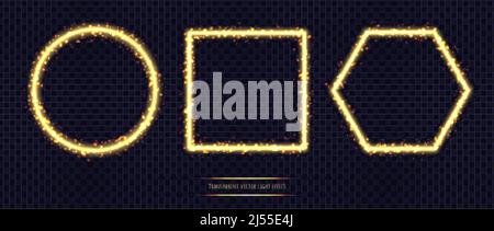 Leuchtendes magisches Licht auf schwarzem Hintergrund. Set aus glänzenden goldenen runden, quadratischen und sechseckigen Rahmen. Stock Vektor