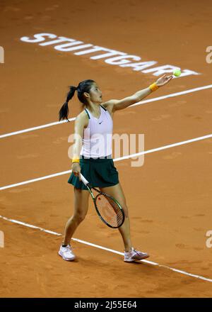 Stuttgart, 20.. April 2022. Die britische Tennisspielerin Emma Raducanuin im Einsatz beim Porsche Tennis Grand Prix 2022 in Stuttgart am Mittwoch, 20. April 20212 © Jürgen Hasenkopf / Alamy Live News Stockfoto