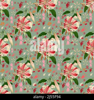 Lily floral nahtlose Muster Hintergrund auf einer hellgrünen Basis mit vielen niedlichen Blumen in diesem Blumenmuster. Stockfoto