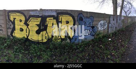 Newcastle-under-Lyme, Staffordshire-vereinigtes Königreich, 29-12-2016 Street Art Graffiti an einer Wand im Lyme Valley Stadtpark, Newcastle under Lyme, Stockfoto