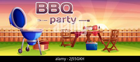 BBQ Party Cartoon Banner oder Einladung. Barbecue-Picknick im Garten mit Grillfleisch, Essen und Trinken auf dem Tisch. Heisses gegrilltes Steak auf Feuer auf grünem Sommerrasen im heimischen Hof bei Sonnenuntergang. Stock Vektor