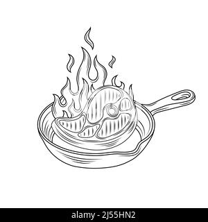 Heiße Pfanne Steak mit Fleisch auf Feuer Skizze Stock Vektor