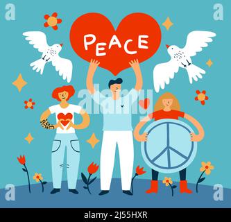 Peace People-Poster. Glückliche Charaktere mit friedlichen Symbolen in den Händen. Stoppt das Kriegsbanner. Großes Herz und Hippie Zeichen. Fliegender Vogel. Blumen und Tauben Stock Vektor