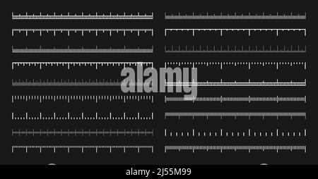 Verschiedene Messskalen mit Teilungen. Realistische weiße Skala zur Messung von Länge oder Höhe in Zentimetern, Millimetern oder Zoll. Lineal, Klebeband Stock Vektor