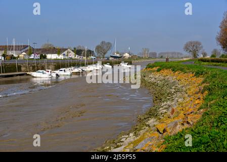 Hafen bei Ebbe in Isigny sur Mer, einer Gemeinde im Département Calvados und der Region Normandie im Nordwesten Frankreichs. Stockfoto