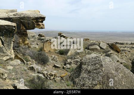 Felsen, Staatliches historisches und kulturelles Reservat Gobustan, Aserbaidschan, Azərbaycan, Asien, UNESCO-Weltkulturerbe Stockfoto