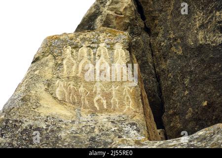 Felszeichnungen, Felskunst aus Gobustan, Staatliches historisches und kulturelles Reservat von Gobustan, Aserbaidschan, Azərbaycan, Asien, UNESCO-Weltkulturerbe Stockfoto