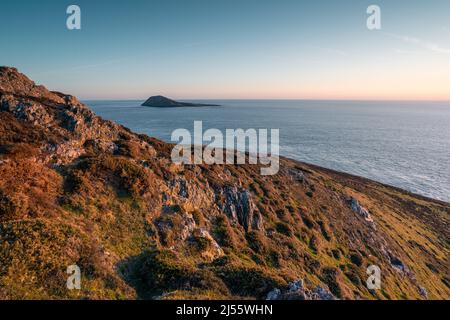 Ynys Enlli, Bardsey Island, von Mynydd Mawr, Uwchmynydd, Lleyn Peninsula, Wales Stockfoto