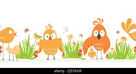 Vektor Grenze mit Insekten und Vögeln. Natur, Vögel, Blumen und Insekten. Vektor-Illustration ist für Kinder Postkarten und Bücher geeignet. Stock Vektor