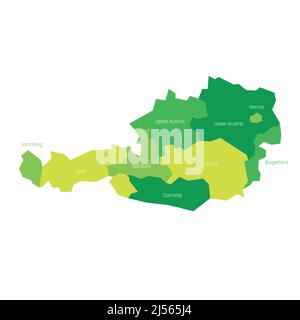 Staaten von Österreich. Karte der regionalen Verwaltungseinheiten des Landes. Farbenfrohe Vektorgrafik Stock Vektor