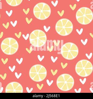 Sommer-Illustration mit Orangen und Zitronen. Seamlees-Muster mit bunten Früchten auf farbigem Hintergrund. Lebensmittelkonzept. Vorlagendesign für Einladung Stock Vektor