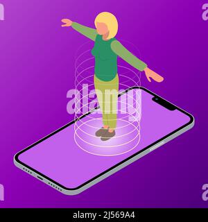 Person, die aus dem Smartphone-Bildschirm tritt. Moderner Lebensstil, Cyberspace, Augmented Reality, Virtual Reality, digitale Entgiftung. Stock Vektor