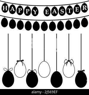 Illustration von verschiedenen Ostereiern auf Fäden isoliert auf weiß Stockfoto