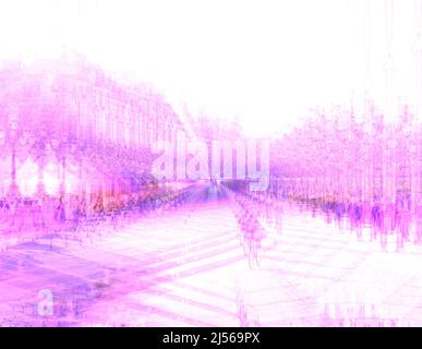 Menschen, die Atemschutzmasken tragen, weil sie im geschlossenen Stadtzentrum in einer metaverse konzeptuellen Realität herumlaufen, Imagination virtuelle und reale Welt - cybersapce hypothesierte die Iteration des Internets und unterstützte persistente virtuelle 3-D-Online-Umgebungen Stockfoto