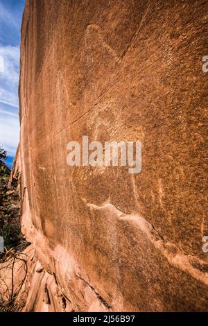 Die Fremont Culture Petroglyphen des Seven Mile Canyon in der Nähe von Moab, Utah, sind mehr als 800 Jahre alt. Stockfoto