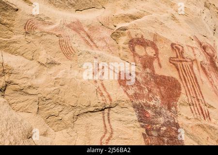 Die Steinkunsttafel des Sego Canyon in Utah wurde von den Menschen der archaischen Kultur im Stil des Barrier Canyon zwischen 1.500 und 4.000 gemalt Stockfoto