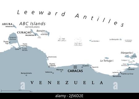 Leeward Antillen, graue politische Landkarte. Karibische Inselkette. Von Aruba, Curacao und Bonaire nach La Tortuga und Margarita Island. Stockfoto