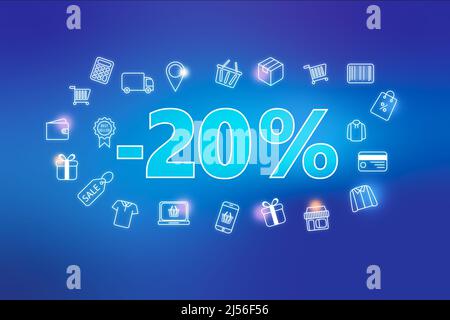 Farbenfrohe Neon-Leuchten - 20 % Rabatt auf den Verkaufsanhänger auf blauem Hintergrund. Verschiedene Shopping-Ikonen. Online-Shopping-Konzept Stockfoto