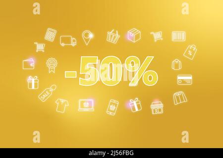 Farbenfrohe Neon-Leuchten - 50 % Rabatt auf den Verkaufsanhänger, der auf goldenem Hintergrund hängt. Verschiedene Shopping-Ikonen. Online-Shopping-Konzept Stockfoto