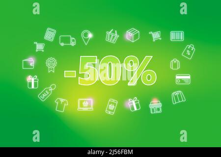 Farbenfrohe Neon-Leuchten - 50 % Rabatt auf den Verkaufsanhänger auf grünem Hintergrund. Verschiedene Shopping-Ikonen. Online-Shopping-Konzept Stockfoto