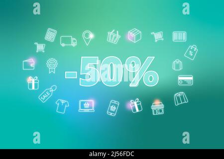 Farbenfrohe Neon-Leuchten - 50 % Rabatt auf den Sale-Tag auf türkisfarbenem Hintergrund. Verschiedene Shopping-Ikonen. Online-Shopping-Konzept Stockfoto