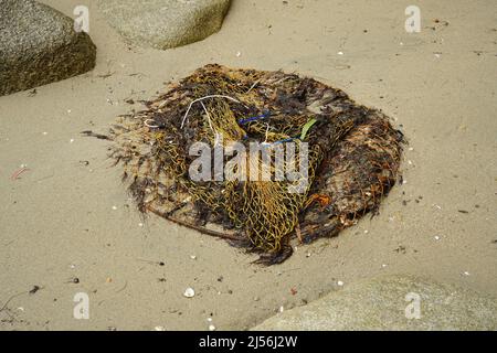 Alte verlassene Fischernetze am Strand Stockfoto