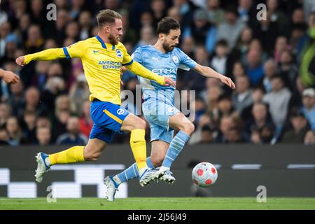 Manchester, Großbritannien, 20. April 2022, Bernardo Silva von Manchester City und Brighton sowie Florin Andone von Hove Albion kämpfen um den Ball. Bilddatum: Mittwoch, 20. April 2022. Bildnachweis sollte lauten: Anthony Devlin/Alamy Live News/Alamy Live News Stockfoto