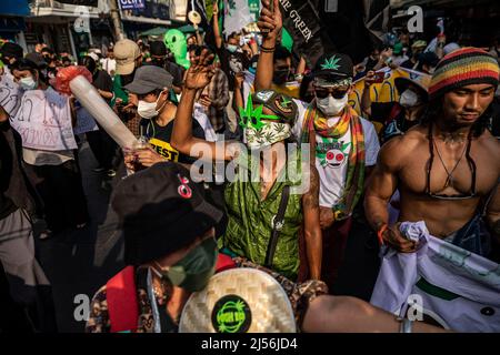 Bangkok, Thailand. 20. April 2022. Menschen nehmen an einem cannabisfeiermarsch 4/20 in Bangkok Teil. (Bild: © Andre Malerba/ZUMA Press Wire) Stockfoto