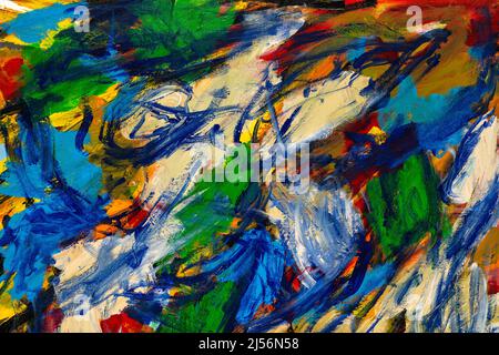 Abstraktes Malfragment mit lebendigen Farben, starken Formen und Pinselstrichen Texturen. Einzigartige künstlerische Malerei. Stockfoto