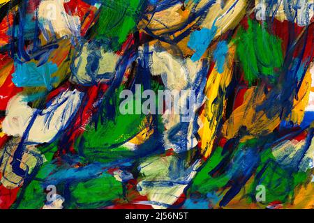 Abstraktes Malfragment mit lebendigen Farben, starken Formen und Pinselstrichen Texturen. Einzigartige künstlerische Malerei. Stockfoto